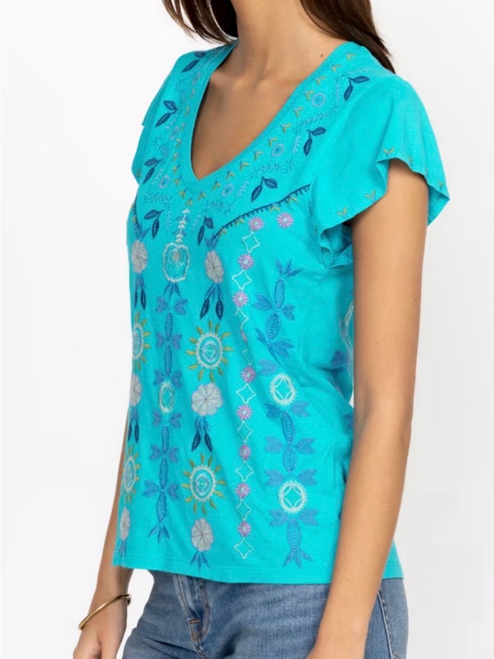 Johnny Was Turquoise Embroidered V-Neck Flutter Sleeve Top(B7)